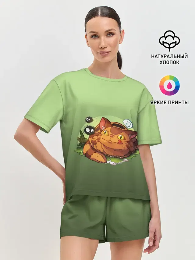 Женская пижама с шортами с принтом «Студия GHIBLI — Catbus Studio Ghibli Котобус»