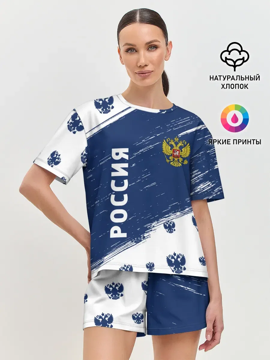 Хлопковая женская пижама с шортами «Я Русский» — принт крупно