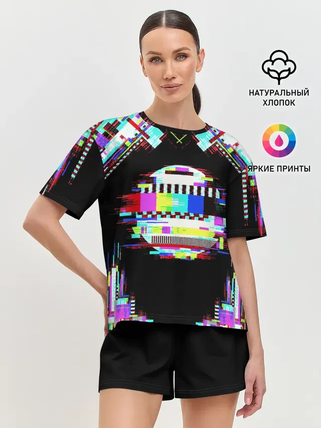 Женская пижама с шортами с принтом «Glitch — Glitch VHS»