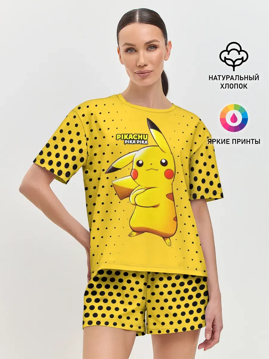 Женская пижама с шортами с принтом «Pikachu Pika Pika», вид спереди