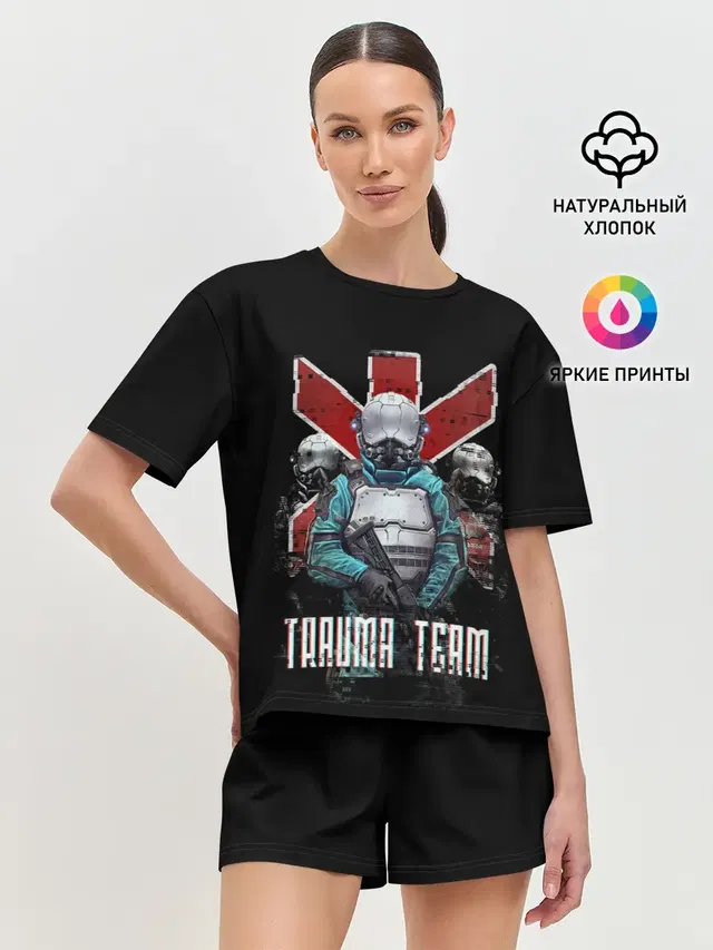Женская пижама с шортами с принтом «Cyberpunk 2077 — CYBERPUNK TRAUMA TEAM»