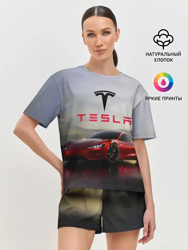 Женская пижама с шортами с принтом «Tesla — Tesla Roadster»