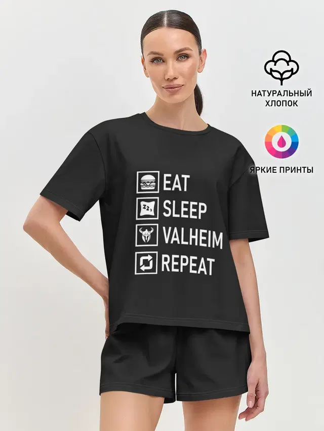 Женская пижама с шортами с принтом «Valheim — Eat/Sleep/Valheim/Repeat»