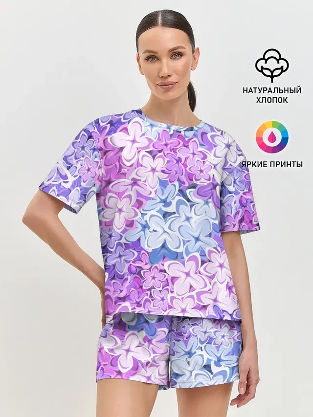 Женская пижама с шортами с принтом «Цветы — СИРЕНЬ — LILAC»