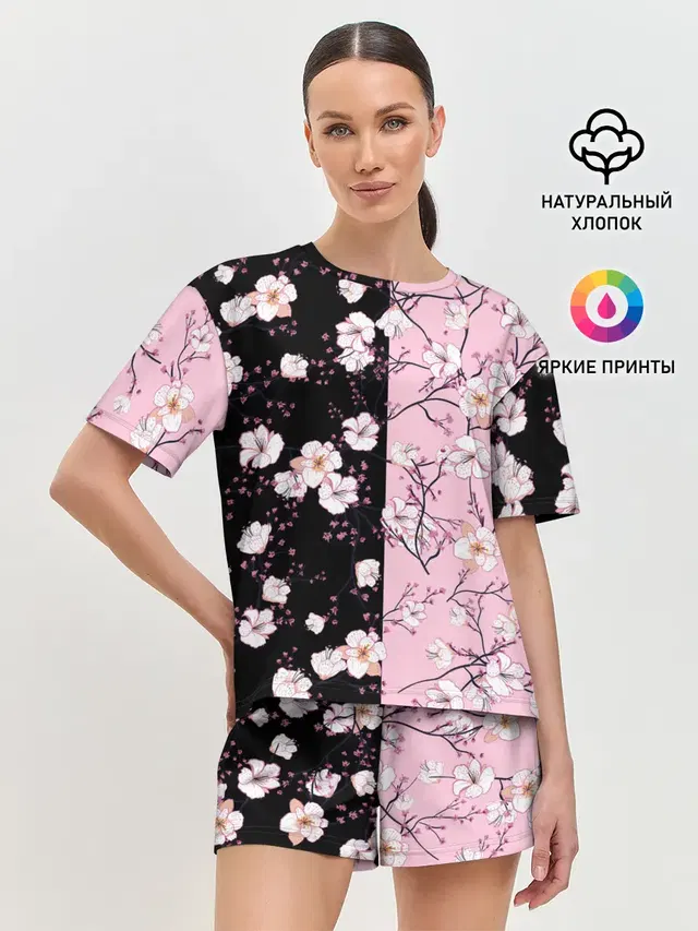Женская пижама с шортами с принтом «Цветы — САКУРА — SAKURA — ВИШНЯ»