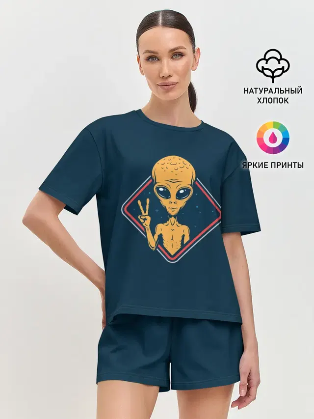 Женская пижама с шортами с принтом «Человечки — НЛО — UFO»