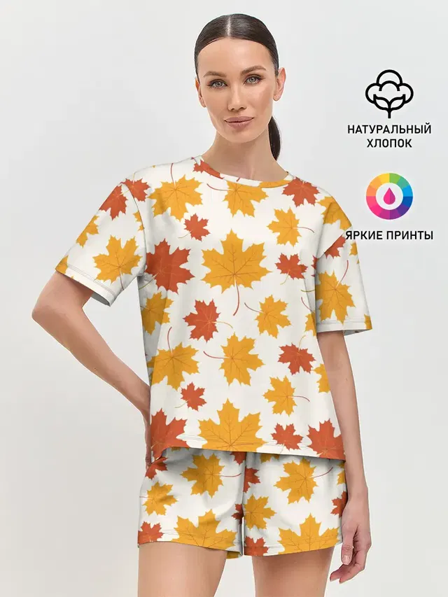Женская пижама с шортами с принтом «Листья — Осень — Autumn»