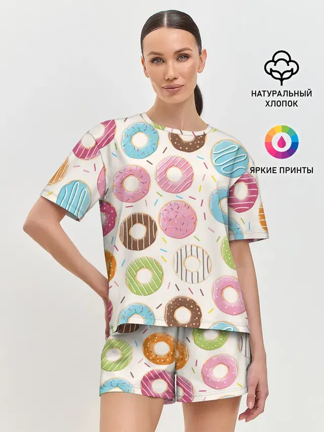 Женская пижама с шортами с принтом «Еда — Пончики — Donuts»
