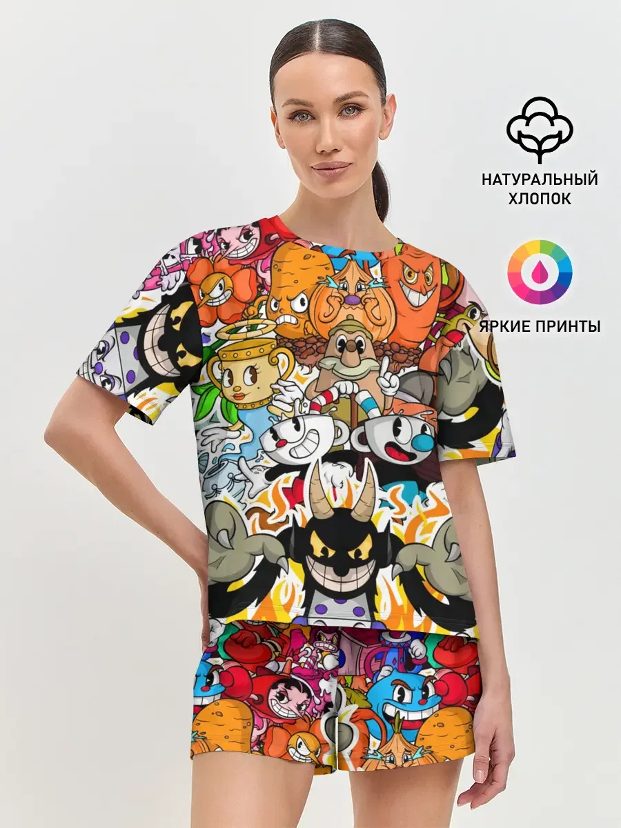 Женская пижама с шортами с принтом «Cuphead», вид спереди