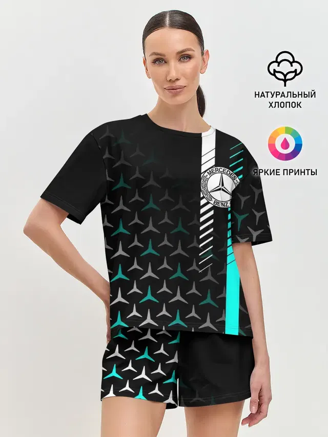 Женская пижама с шортами с принтом «Merсedes — МЕРСЕДЕС — AQUA BLACK GRADIENT»