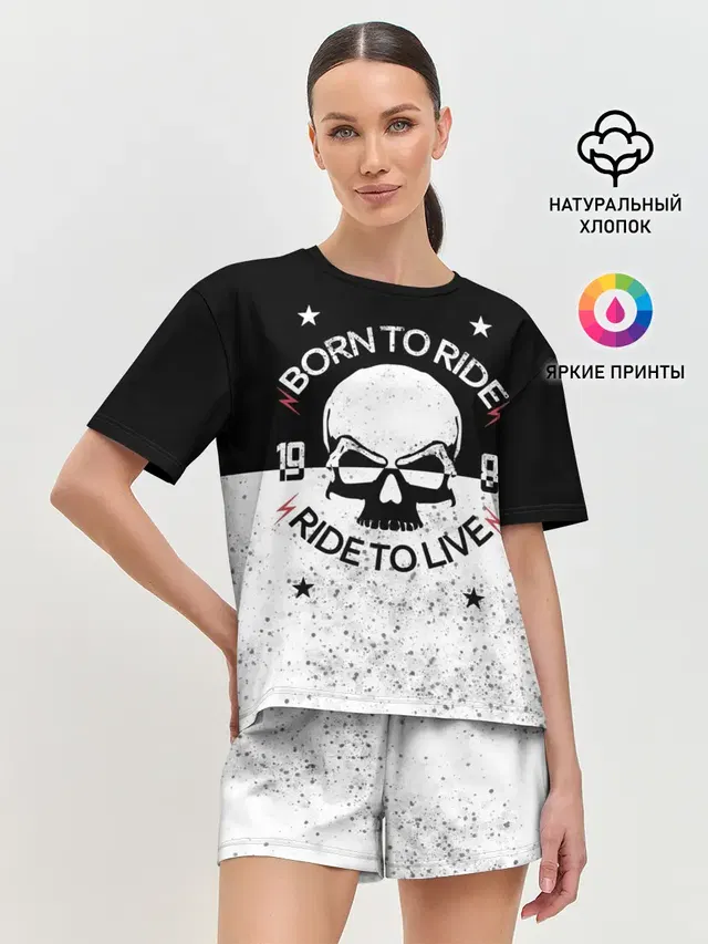Женская пижама с шортами с принтом «Черепа — Born to Ride - Ride to Live»