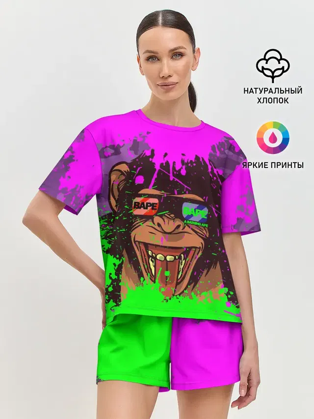 Женская пижама с шортами с принтом «Модные — 3D Neon Monkey»