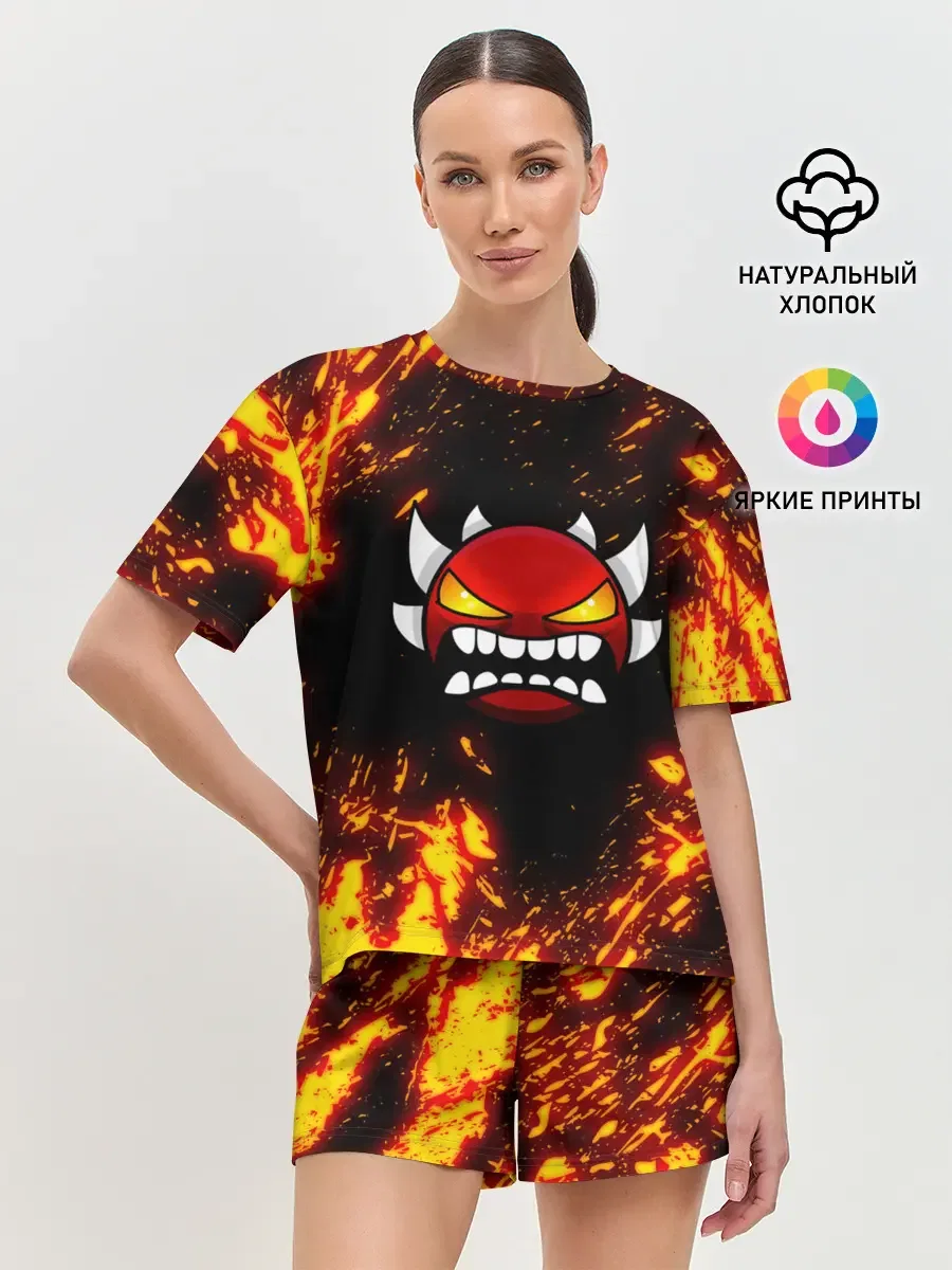 Хлопковая женская пижама с шортами «Geometry Dash Demon» — принт крупно