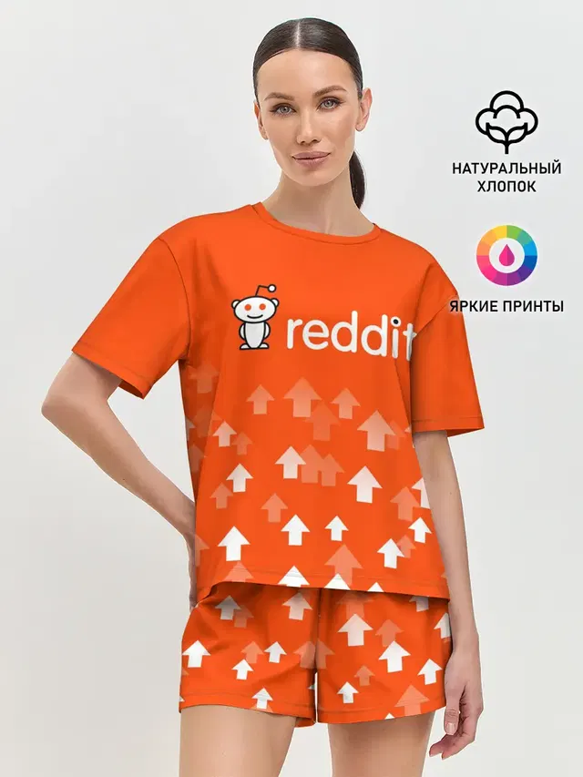 Женская пижама с шортами с принтом «Социальные сети — REDDIT — РЕДДИТ — UPVOTED»