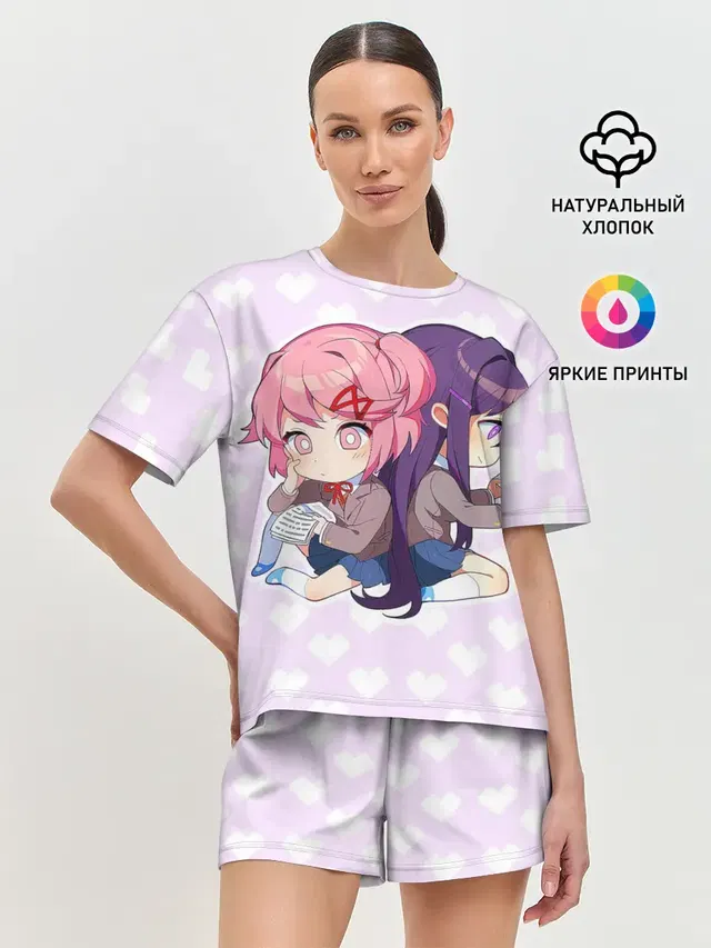 Женская пижама с шортами с принтом «Chibi Natsuki and Yuri»