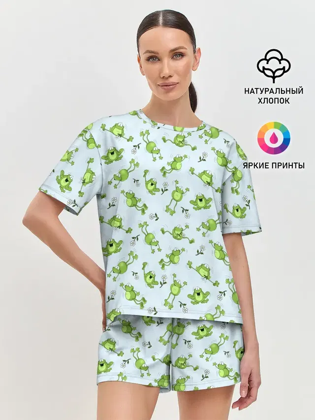 Женская пижама с шортами с принтом «Лягушка — Веселые лягушки»