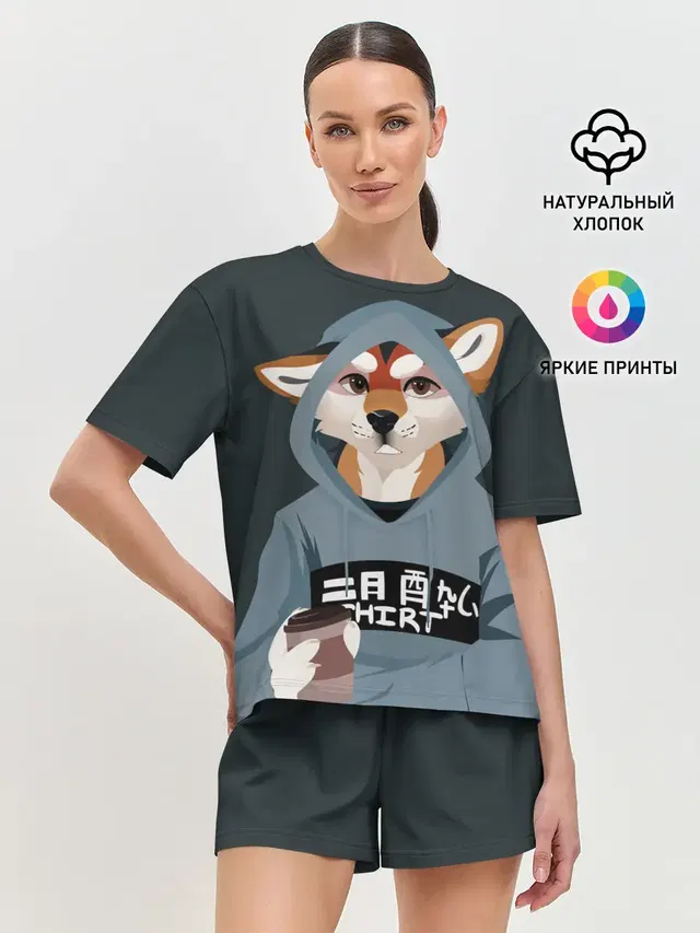 Женская пижама с шортами с принтом «Лисы — Furry fox»