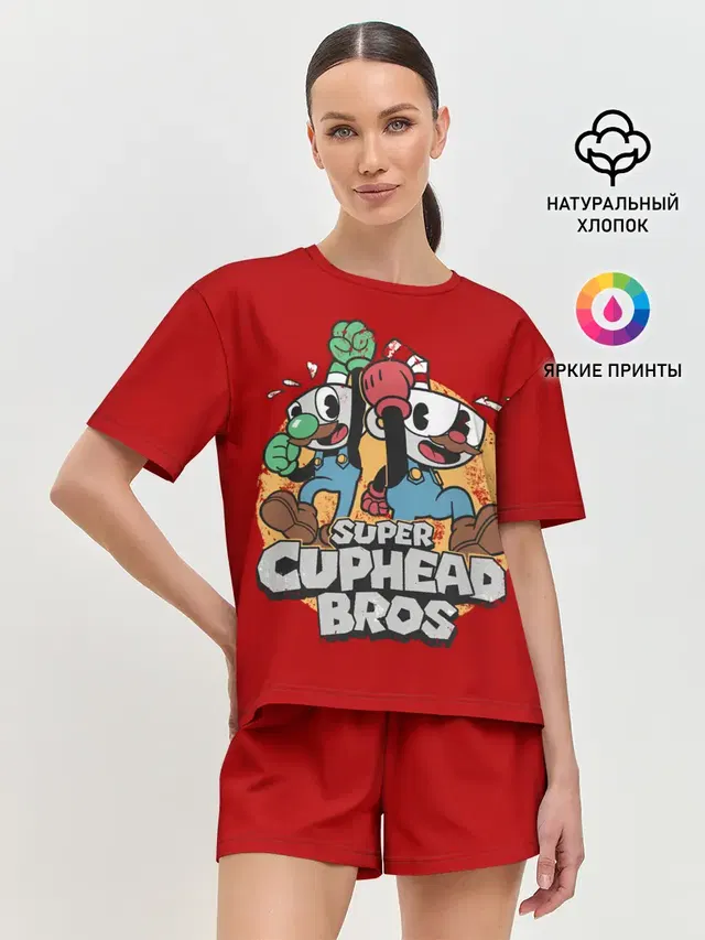 Женская пижама с шортами с принтом «Super Cuphead Bros»