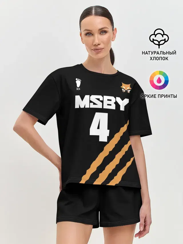 Женская пижама с шортами с принтом «Хайкью — 4 — MSBY — BLACK JACKALS»