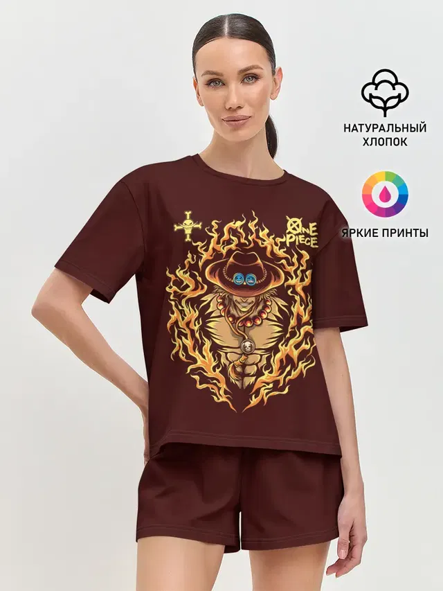 Женская пижама с шортами с принтом «Ван Пис — One Piece Портгас Д. Эйс в огне»