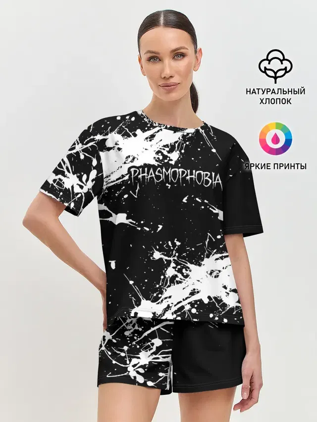 Женская пижама с шортами с принтом «Игры — Phasmophobia — краска»