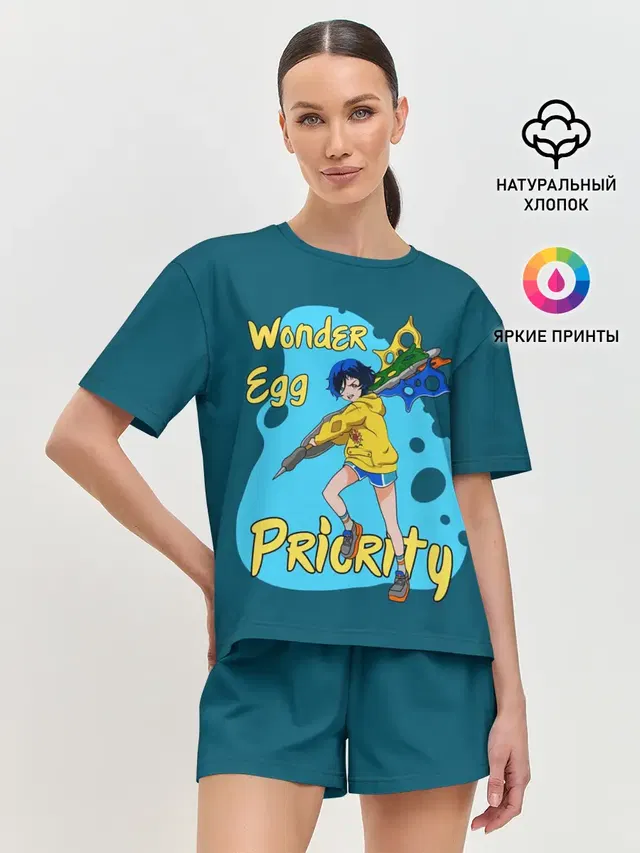 Женская пижама с шортами с принтом «Приоритет чудо-яйца — Wonder Egg Priority»