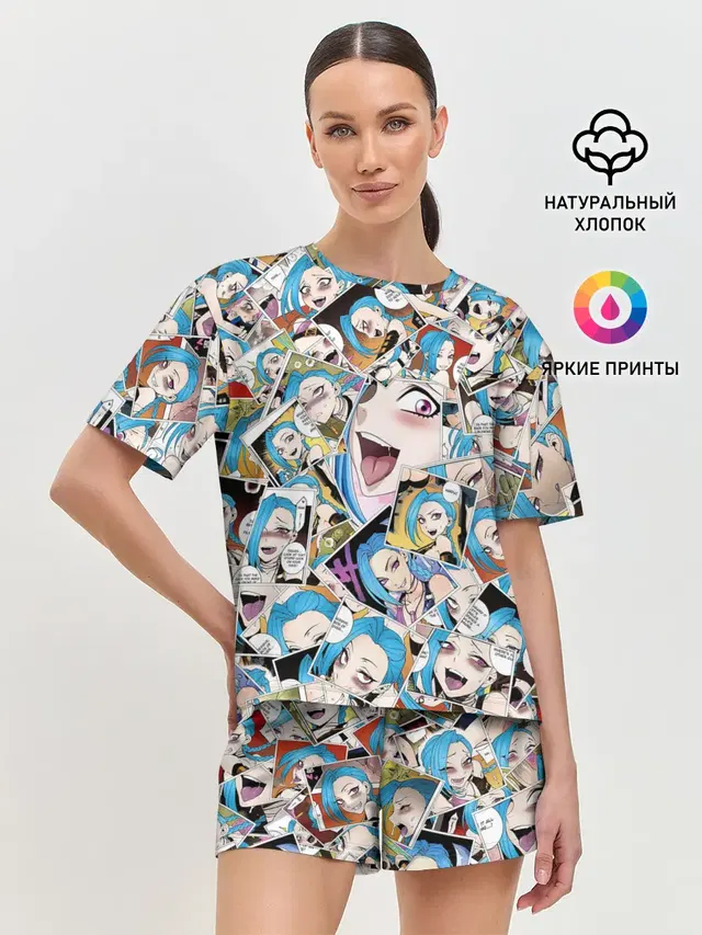 Женская пижама с шортами с принтом «Лига Легенд — Jinx Ahegao»